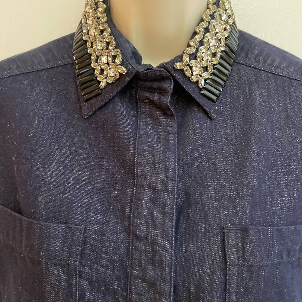 Sportmax Navy DenimShirt with Embellished Collar